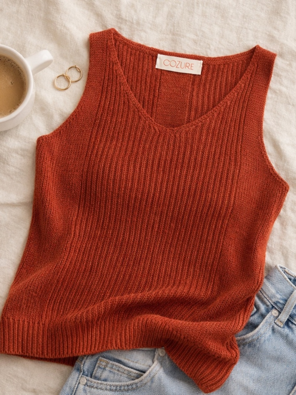 NWT SMALL Rust Sweater Tank, Ribbed Sweater Shell, Knit Tank Top Cotton Cashmere
